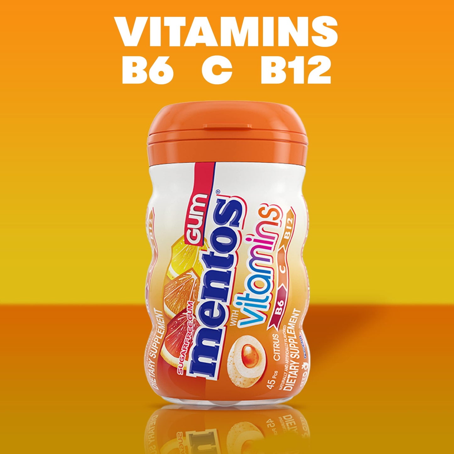 Mentos Gum With Vitamins, Sugar Free Chewing Gum With Xylitol, Citrus Flavor, Vitamins B6, B12 And C, Bottle Of 45 (Bulk Pack Of 6)