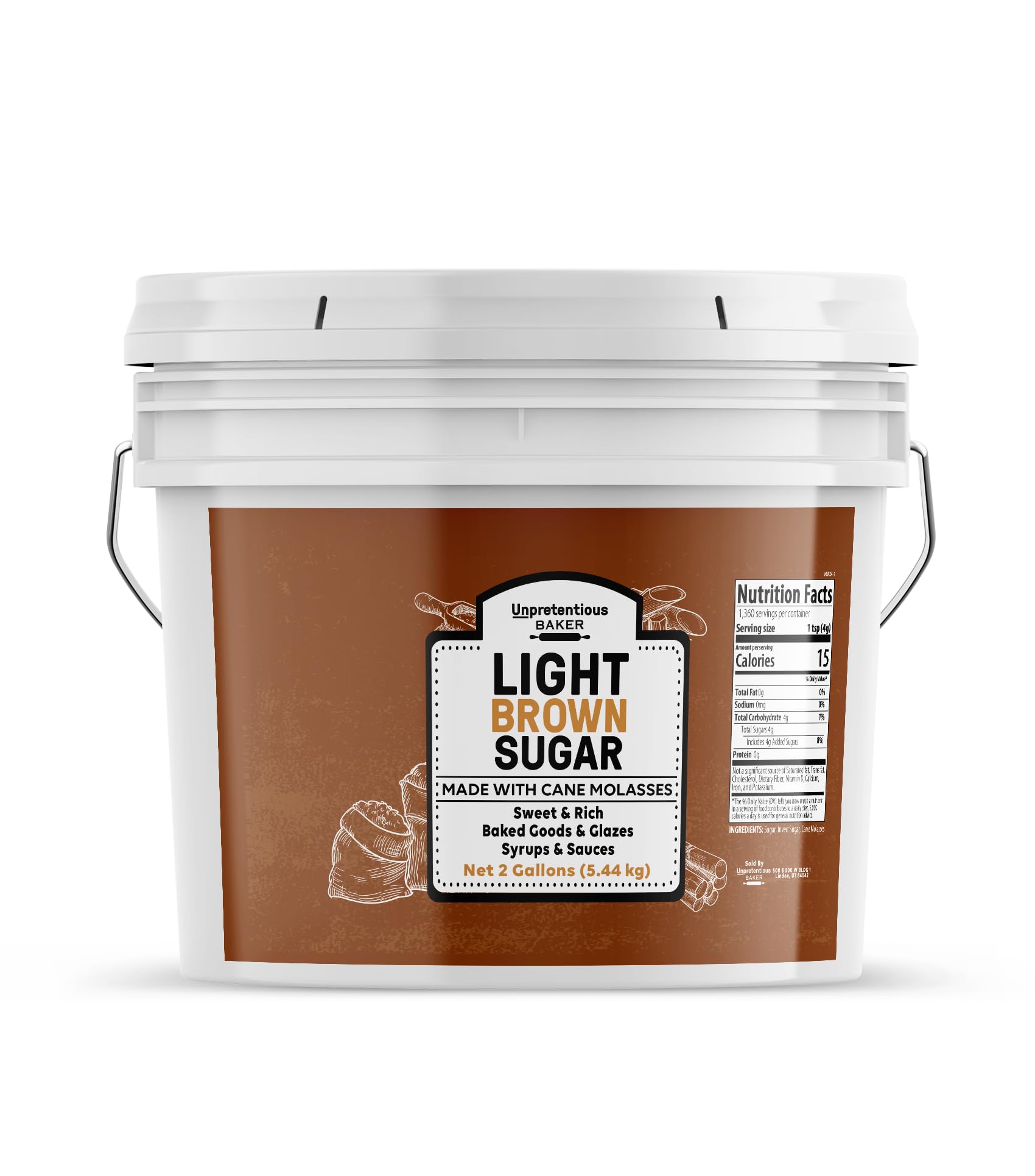Unpretentious Light Brown Sugar, 2 Gallon Bucket, 190.08 Ounce, Made with Cane Molasses