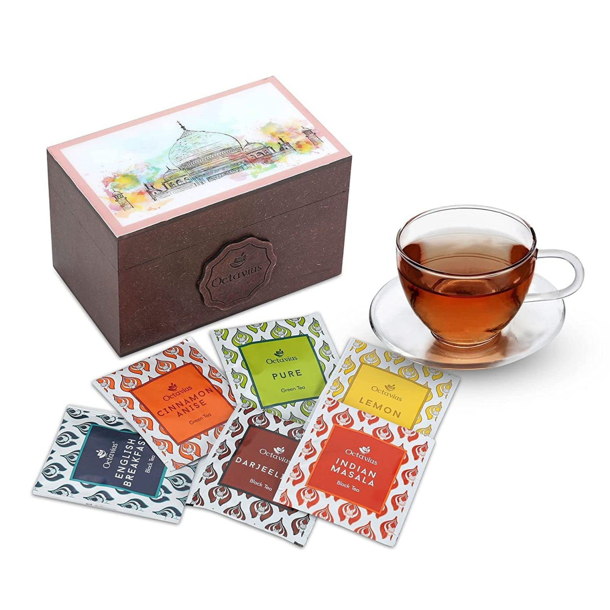 Octavius Taj Wooden Tea Gift Box - 30 Tea Bags | Assortment Of Fine Black & Green Tea | Rakhi Gift Hamper | Gift For Sister | Gift For Brother | Top-Grade Gift Box | Assorted Tea Gift Box