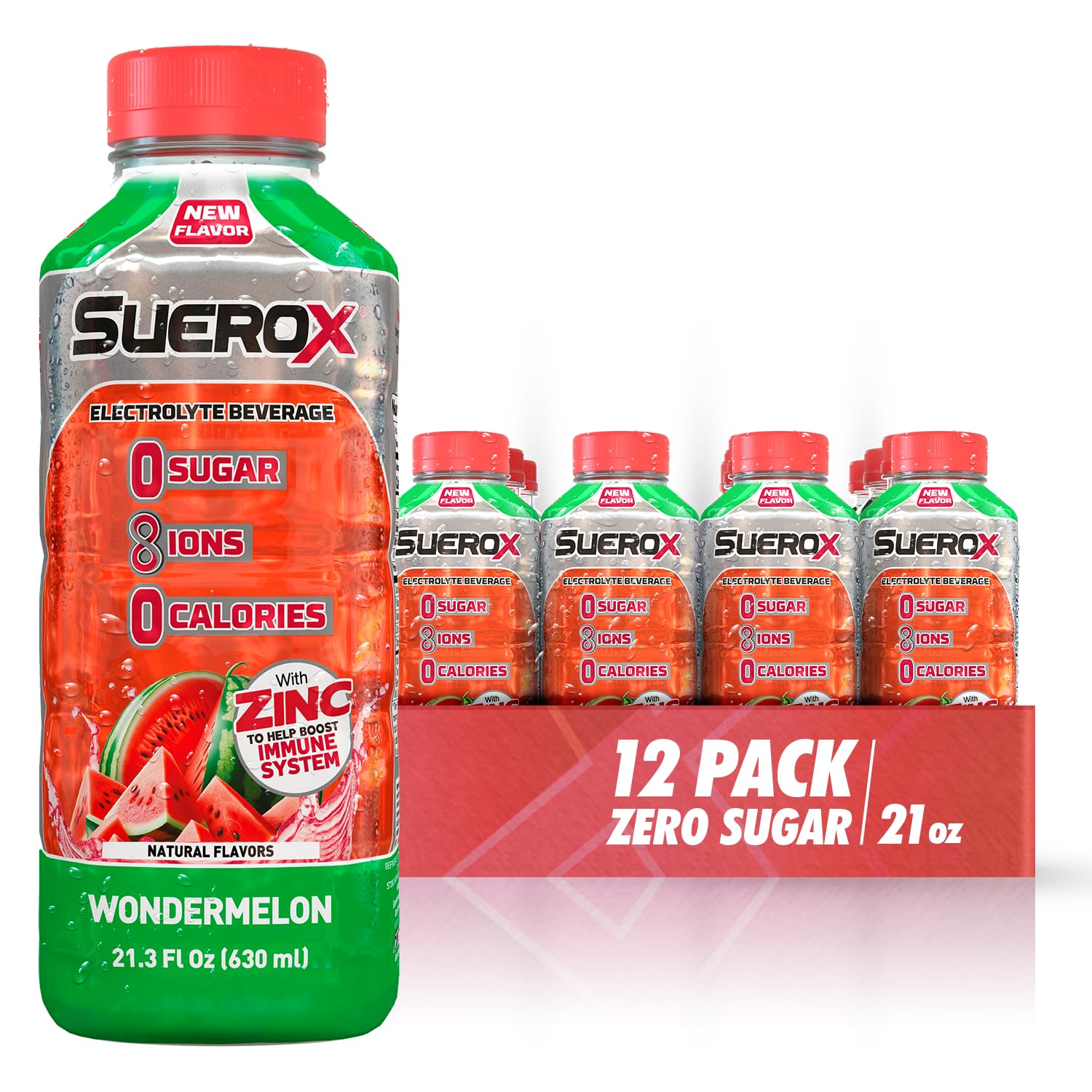 SueroX Sugar-Free Sports Drink, Electrolyte Hydration with 8 Ions, 21.3 Fl Oz, 12 Pack, Wondermelon Flavor