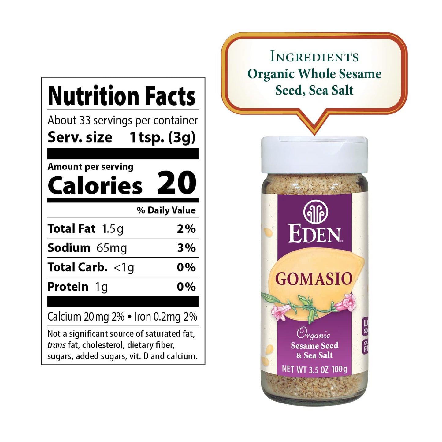 Eden Organic Gomasio, Sesame Seeds and Sea Salt, Umami, Traditional, Macrobiotic, 3.5 oz (2-Pack)