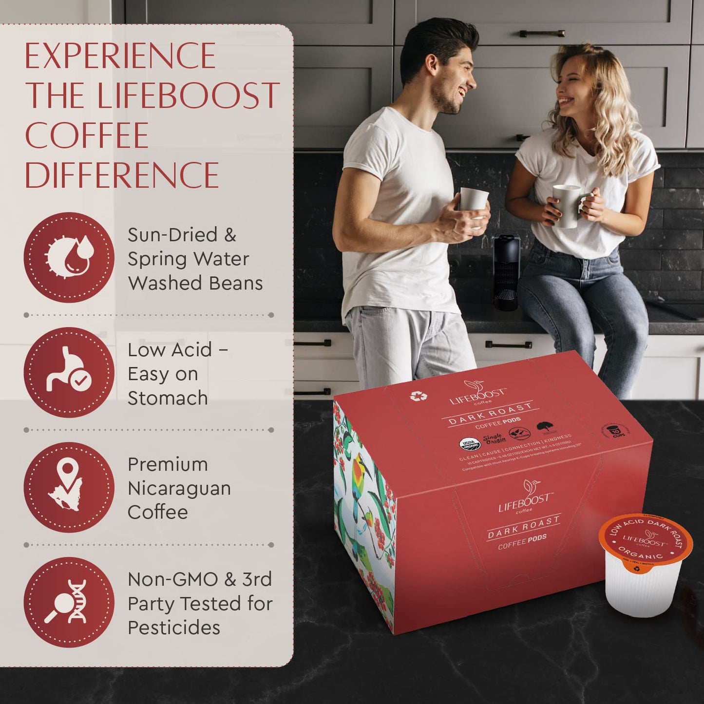 Lifeboost Dark Roast Low Acid Coffee K Cups - Single Origin Mold Free Non-Gmo Organic Coffee Pods - Compatible With Keurig & Keu
