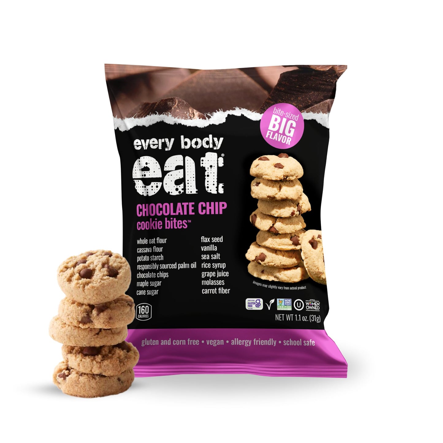 Every Body Eat Crunchy Cookie Bites, Gluten & Dairy Free, Vegan, School Safe Lunch Snacks, Single Serve (Pack of 20) (Chocolate 