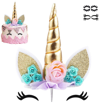 Unicorn Cake Topper Party Supplies Decorations For Girls Gold Unicorn Horn First Birthday Cake Topper Kit With Eyelashes, 5.8 In