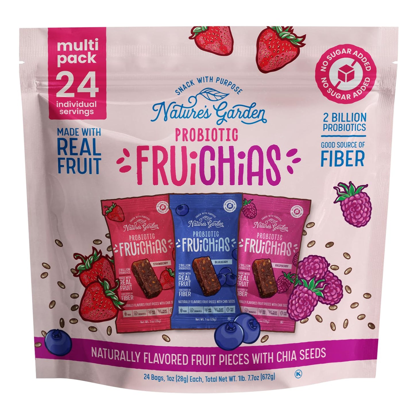 Nature's Garden Probiotic Fruichias Variety Pack - 24 Pack x 1oz, Probiotic Fruit Snack with Chia Seeds, Strawberry, Blueberry, 