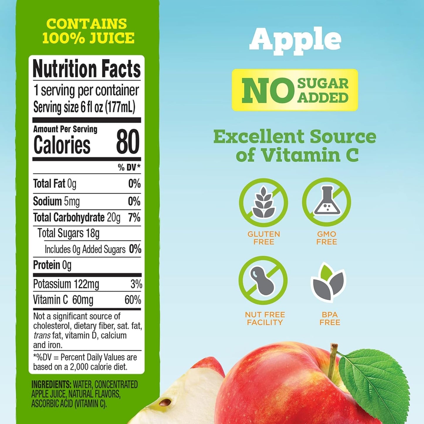 good2grow 100% Apple Juice 24-pack of 6-Ounce BPA-Free Juice Bottles, Non-GMO with No Added Sugar and an Excellent Daily Source