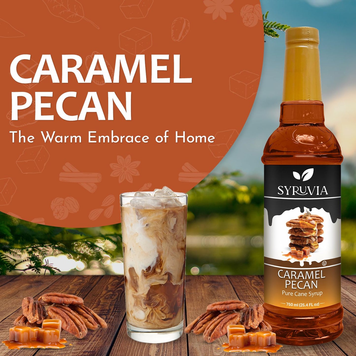 Syruvia Caramel Pecan Syrup - Caramel Pecan Coffee Syrup Flavor, 25.4 Fl Oz, Kosher, Gluten Free, Perfect For Coffee, Drinks, So
