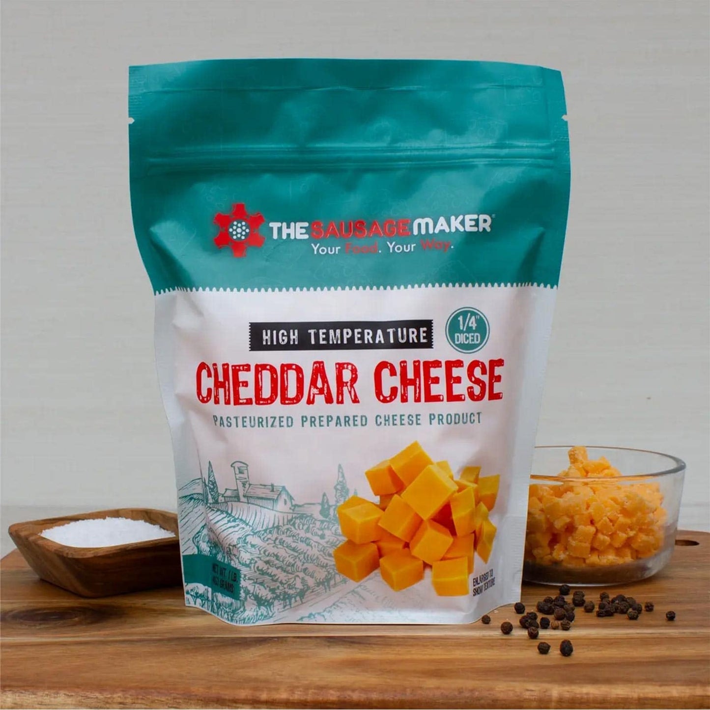 The Sausage Maker High Temp Cheddar Cheese 2 Lbs Diced Cube for Sausage Making, Grilling, and Snack Sticks