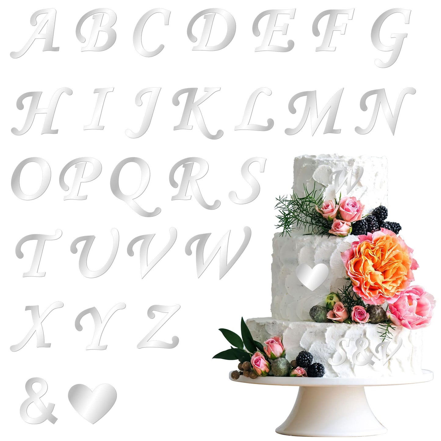 Gyufise 28Pcs Silver Acrylic Alphabet Cake Toppers Diy Custom Cupcake Toppers A-Z Letter Mirrored Gold Picks For Personalized Na