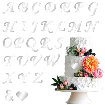 Gyufise 28Pcs Silver Acrylic Alphabet Cake Toppers Diy Custom Cupcake Toppers A-Z Letter Mirrored Gold Picks For Personalized Na