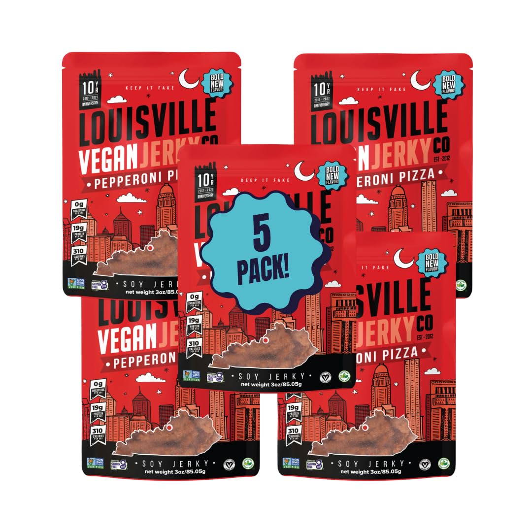 Louisville Vegan Jerky Pepperoni Pizza - Gluten-Free High Protein Snacks - 3 oz, 5 Pack, Orange
