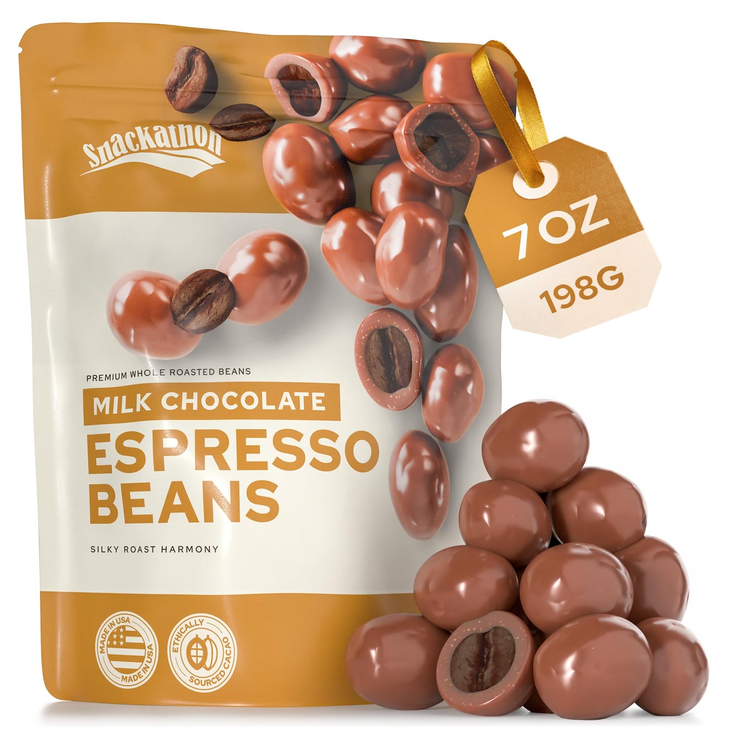 Snackathon Milk Chocolate Covered Espresso Beans  7 Oz Resealable Bag  Made In Usa  Smooth & Creamy Gourmet Candy Snack For Coffee Lovers
