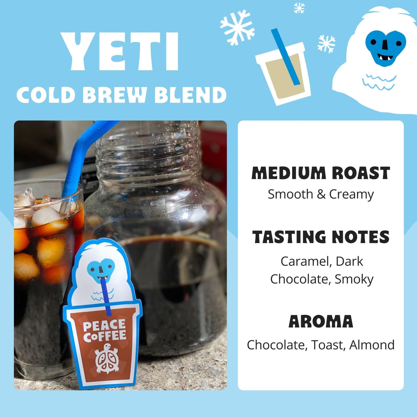 Peace Coffee Yeti Cold Brew Blend | 5 Lb Medium Roast Course Grind| Organic Fair Trade | Smooth, Rich Flavor | Shade Grown, Fres