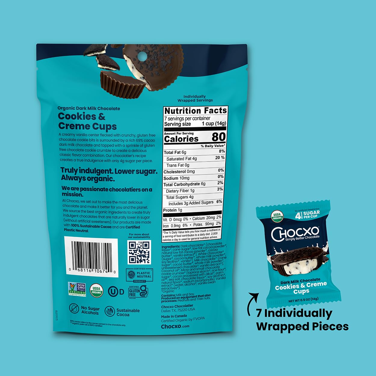 Chocxo Dark Milk Chocolate Cookies & Crème Cups - Lower Sugar, 69% Organic Cacao, Nongmo, Keto, Gluten Free, Kosher, No Artificial Sweeteners/Sugar  S, 3.45 Oz (Pack Of 6)