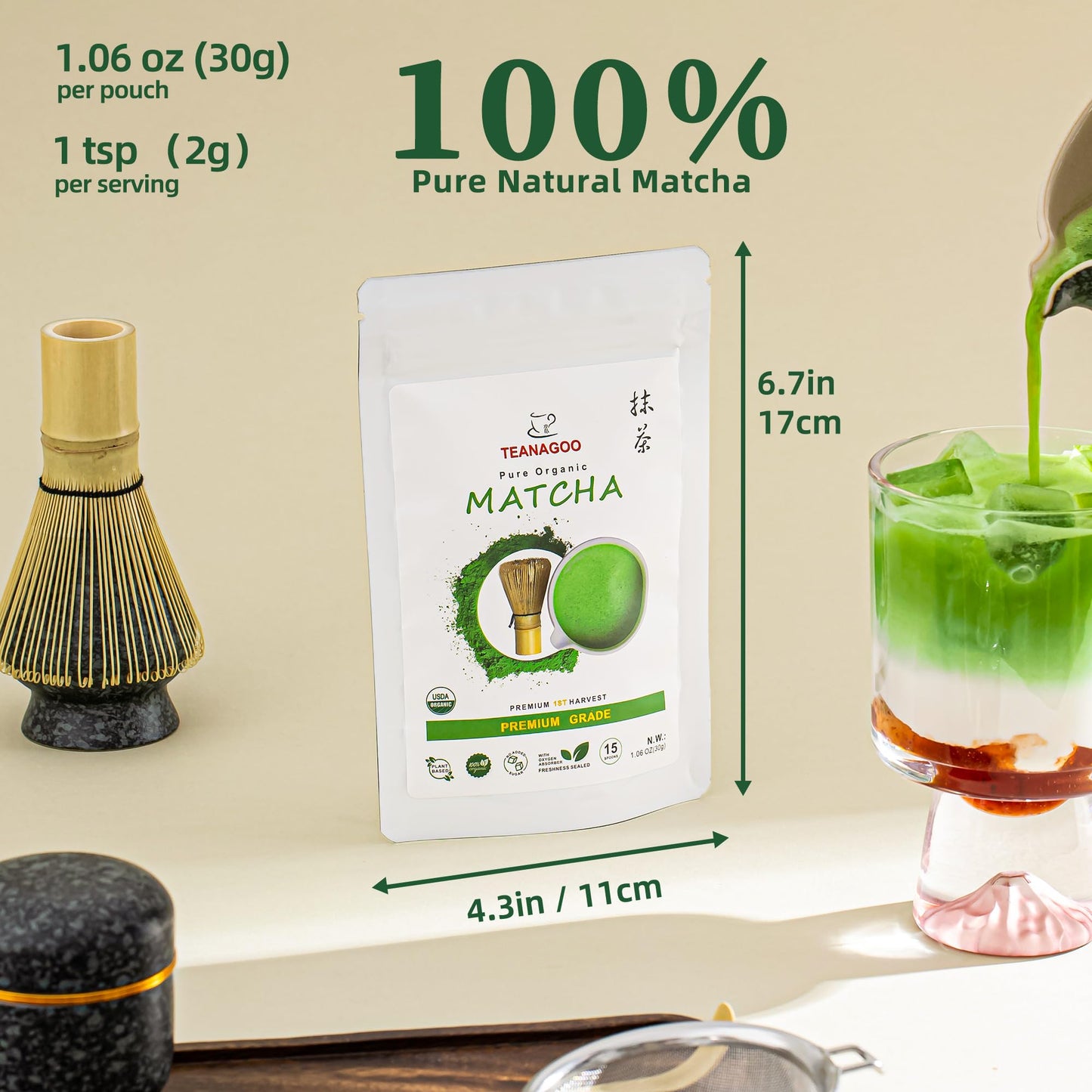 TEANAGOO Matcha Powder, USDA Organic Green Tea, Unsweetened, First Harvest, 1.06oz (30g)
