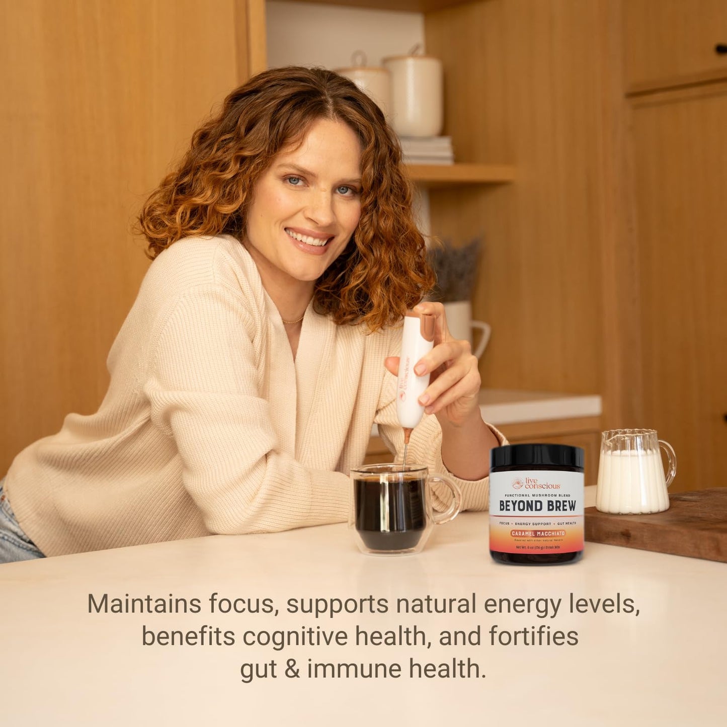 Live Conscious Beyond Brew Caramel Macchiato Coffee Alternative - Low Caffeine Superfood with Mushroom Complex - 30 Servings