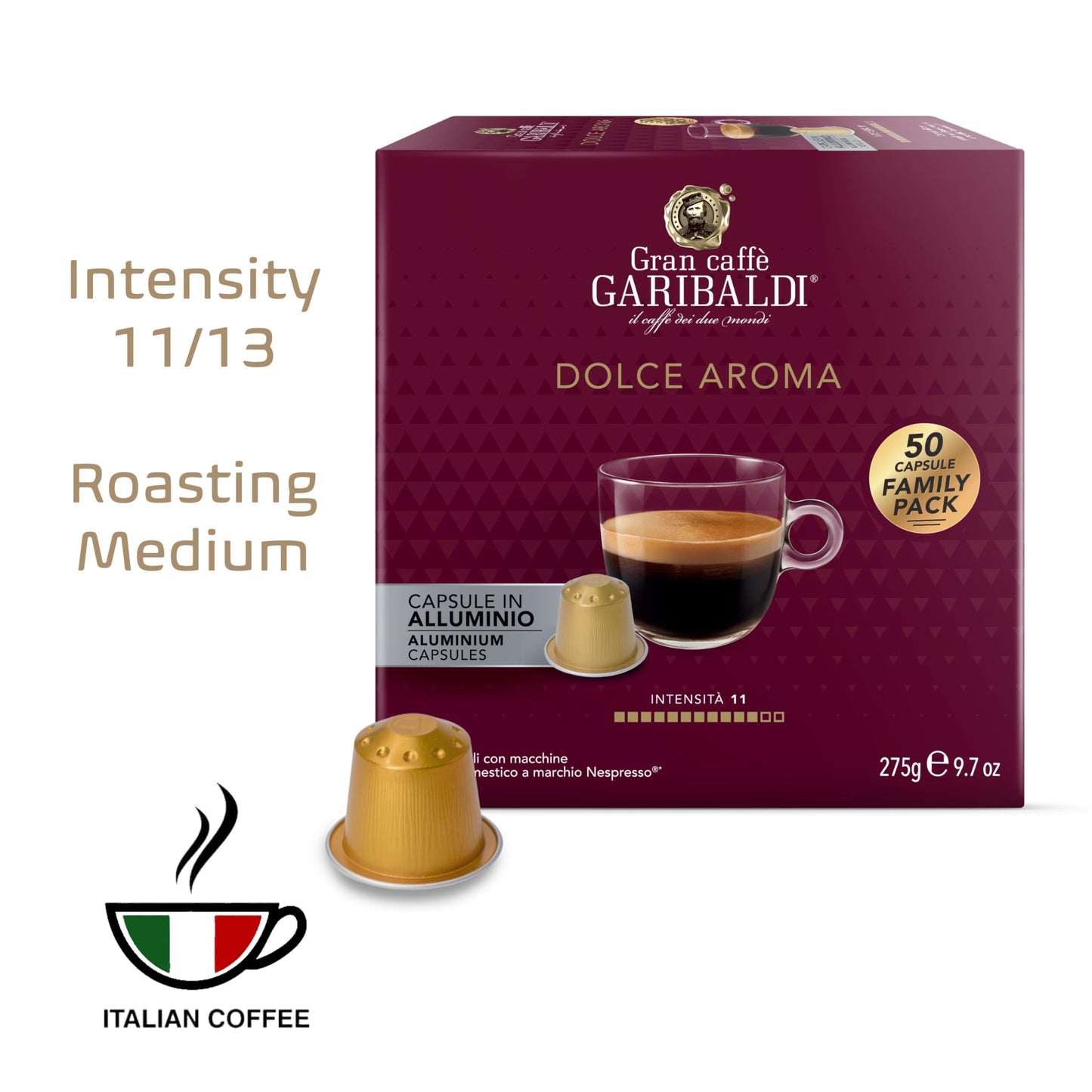 Caffè Garibaldi Espresso Pods, Italian Roasted Coffee, Compatible with Nespresso, 200 Aluminum Cups, Full-Bodied Crema