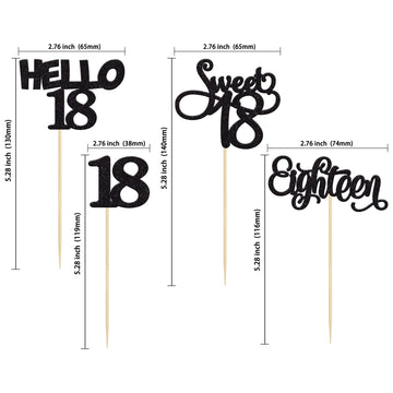 Gyufise 24Pcs Black Glitter 18th Birthday Cupcake Toppers Sweet 18 Hello 18 Eighteen Cupcake Picks for 18th Birthday Cake Decora