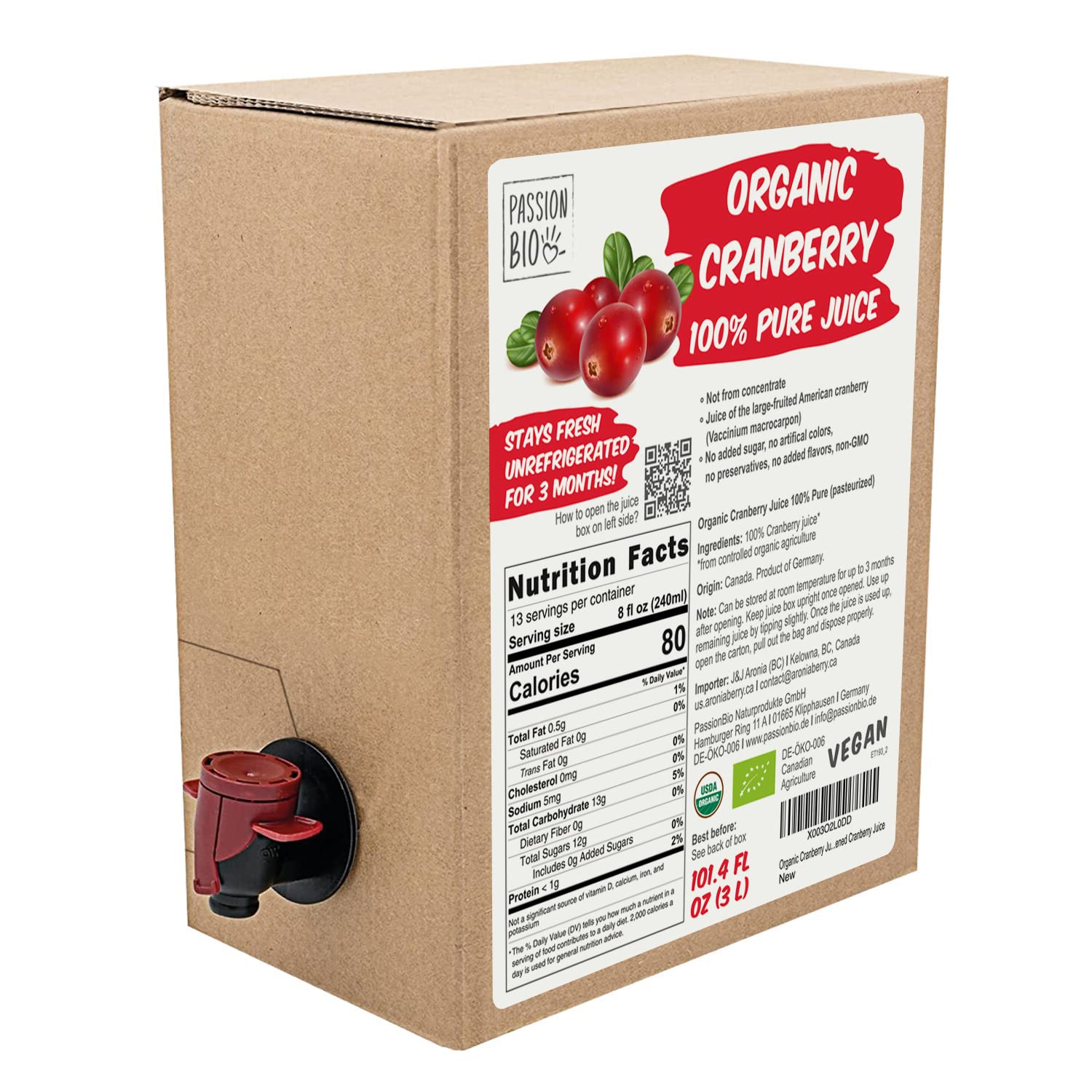 Organic Cranberry Juice Box 101.4 Fl Oz | 100% Pure Cranberry Juice, No Added Sugar, Not From Concentrate | Vegan, Organic, Non