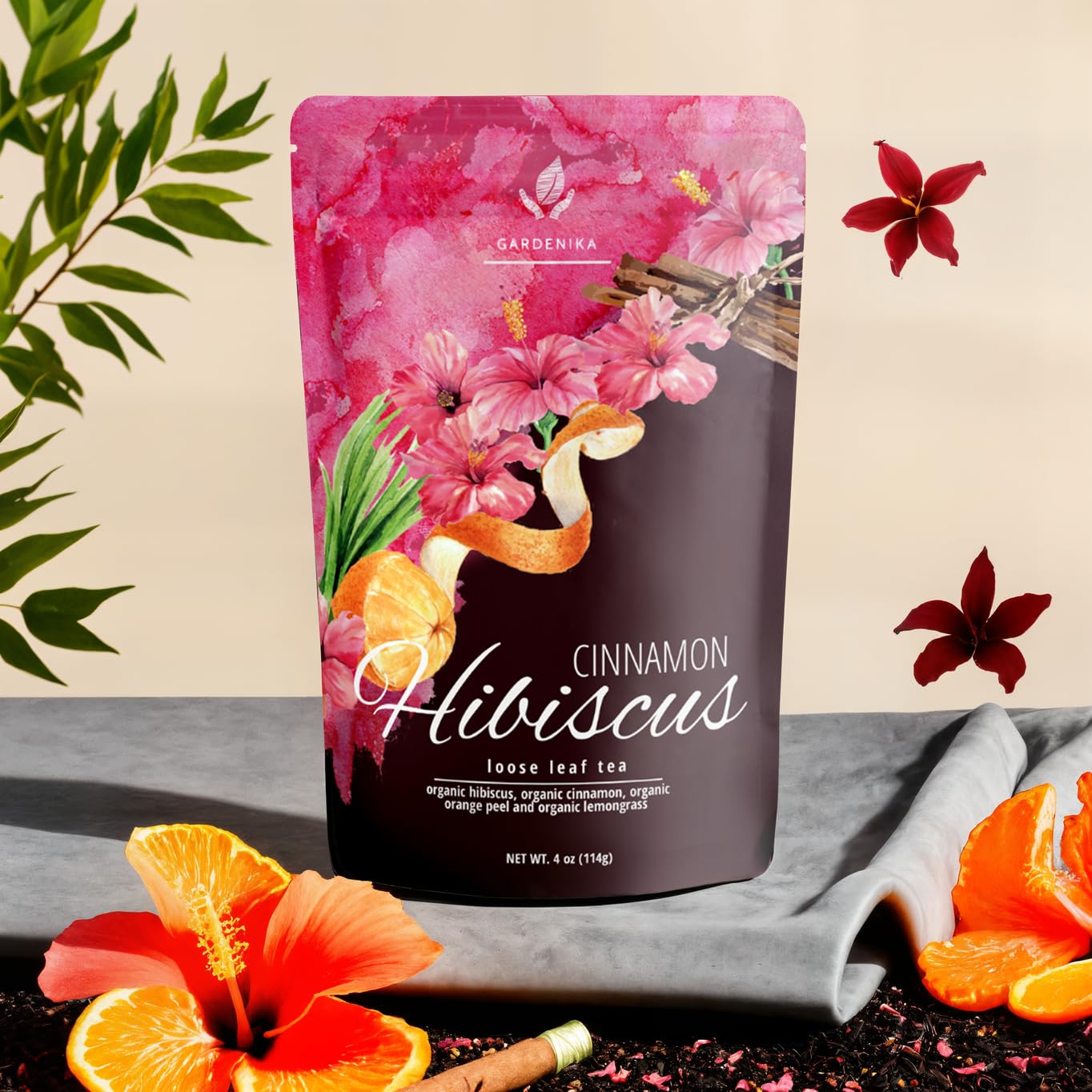 Gardenika Organic Cinnamon Hibiscus Loose Leaf Tea | Caffeine-Free | USDA Organic | 4 oz