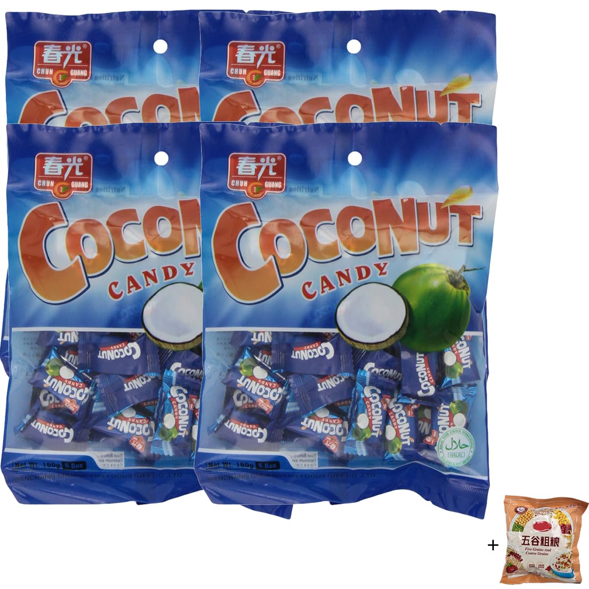 Ginger Coconut Candy 5.6oz (4pack, blue),Comes with a small packet of cereal drinks as a bonus(Taste random)