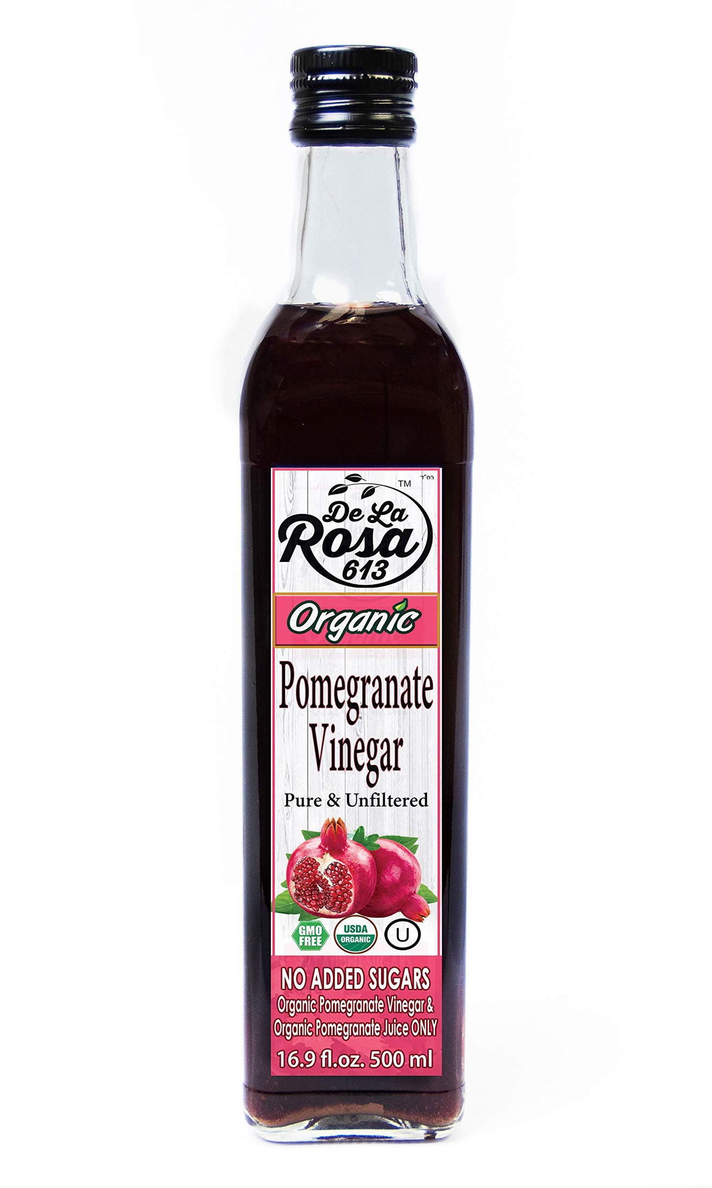 De La Rosa Organic Pomegranate Vinegar, Pure & Unfiltered, Vegan, Gluten Free & Kosher, Great For Salad Dressing, Marinades, 100% Pure Pomegranate Vinegar 16.9 Oz (Pack Of 1)