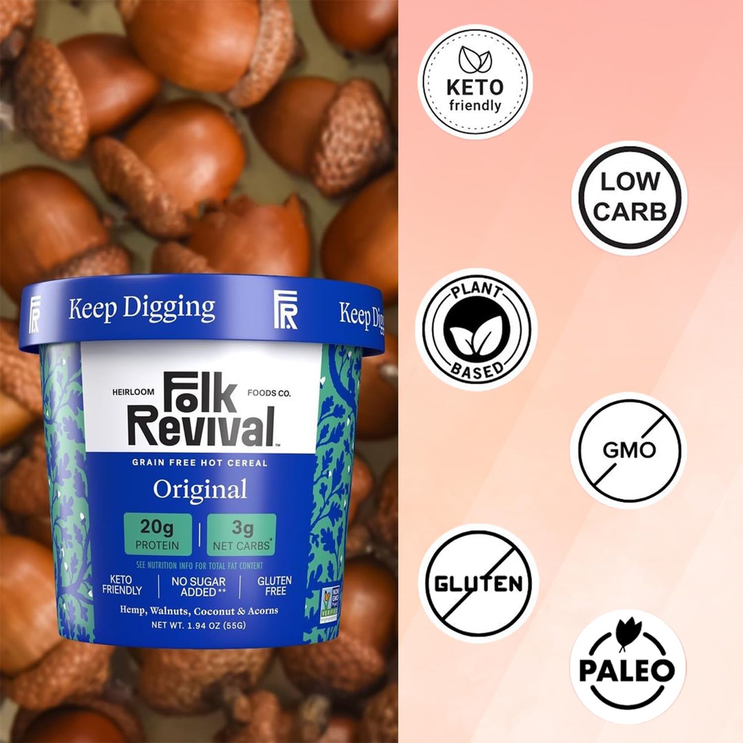 Folk Revival Keto Instant Oatmeal - 20g Protein, 3g Net Carbs, Gluten Free, 6 Cups, 1.94 oz per Pack