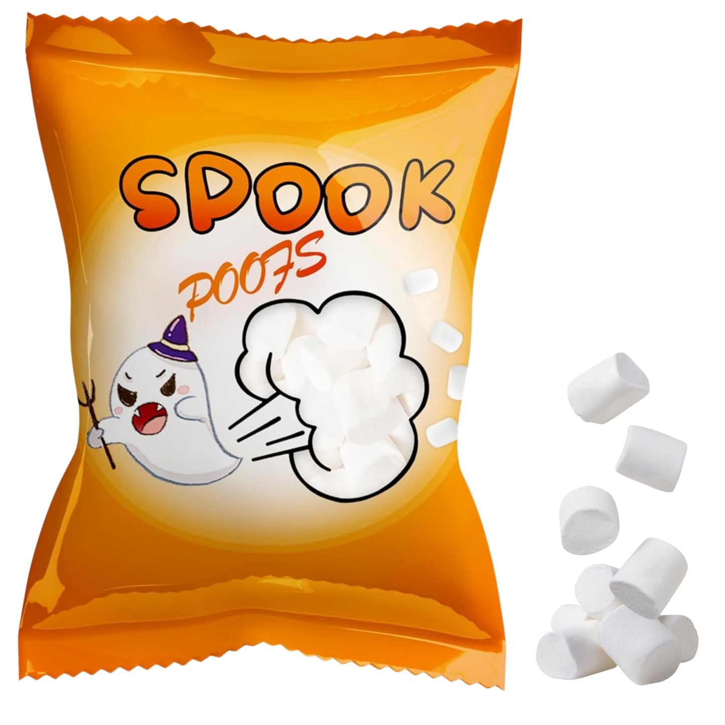 4Es Novelty 24 Pack Halloween Mini Marshmallows - Spook Poof - Indvidually Wrapped Vanilla Flavor - Halloweens Candy for Kids in Bulk  Snacks for Trick or Treat  17 Marshmallows in Each Bag