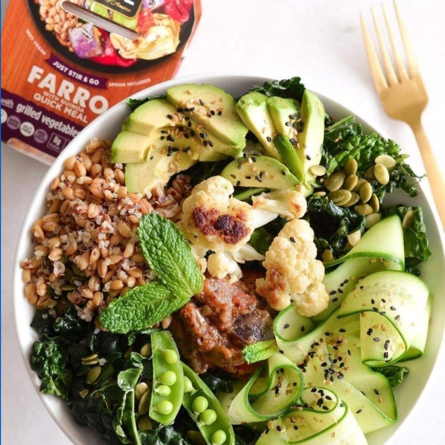 Kitchen & Love Cooked Farro, Grilled Eggplant, Zucchini, Artichokes & Herbs, Ready To Eat, Shelf Stable, Non Gmo, Dairy Free, Plant Based, Kosher, Vegan, Vegetarian, 7.9 Oz (6-Pack)