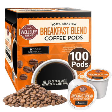 Wellsley Farms Breakfast Blend Coffee Pods - Light Roast - Crafted with 100% Arabica Coffee - Subtly Sweet with Citrus & Fruity Notes - Compatible w/ Single Serve malt-inspired - 38oz  Coffee Pods 100 Count
