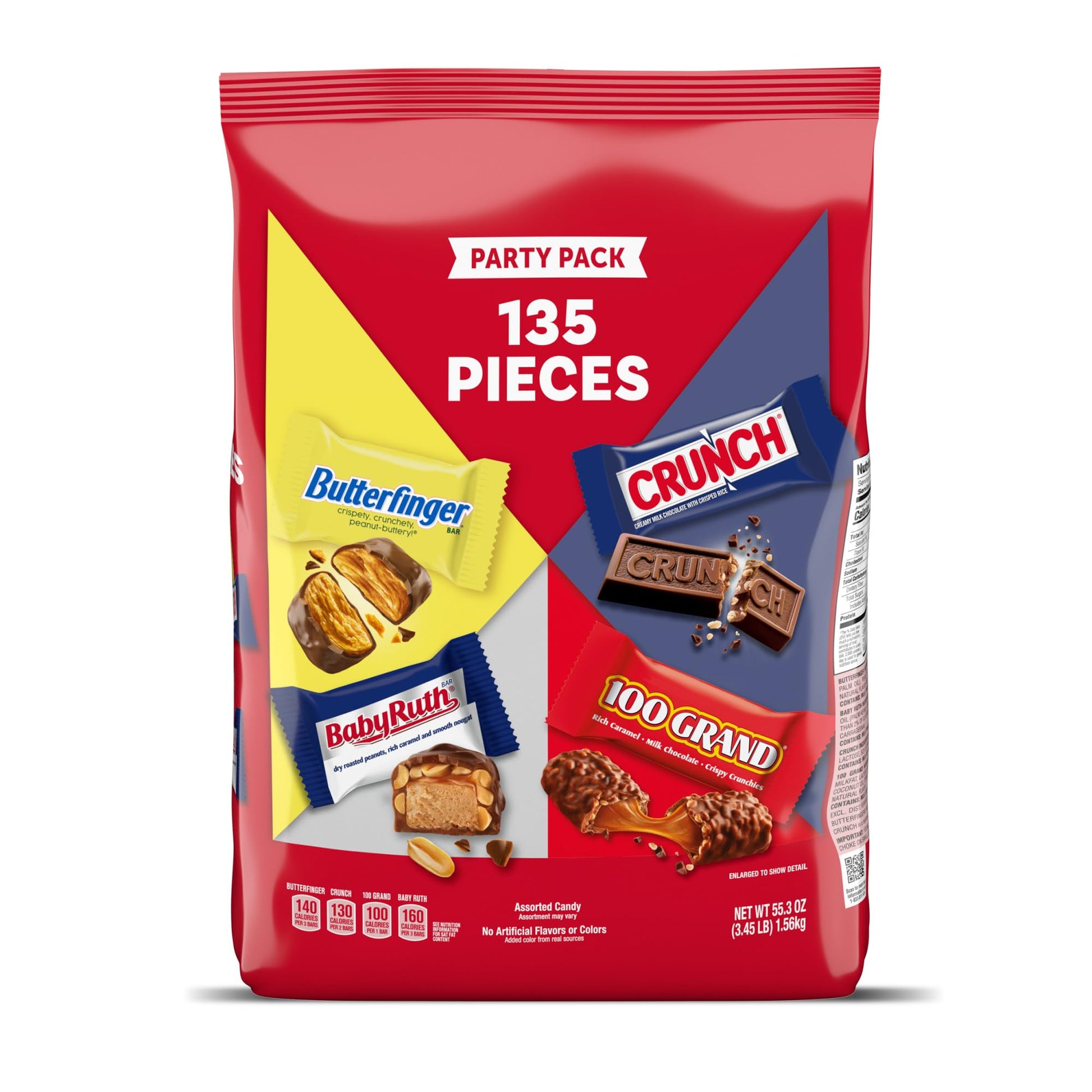 Butterfinger, CRUNCH, Baby Ruth and 100 Grand, 135 Count, Assorted Mini Size Individually Wrapped Candy Bars, Halloween Candy, 5