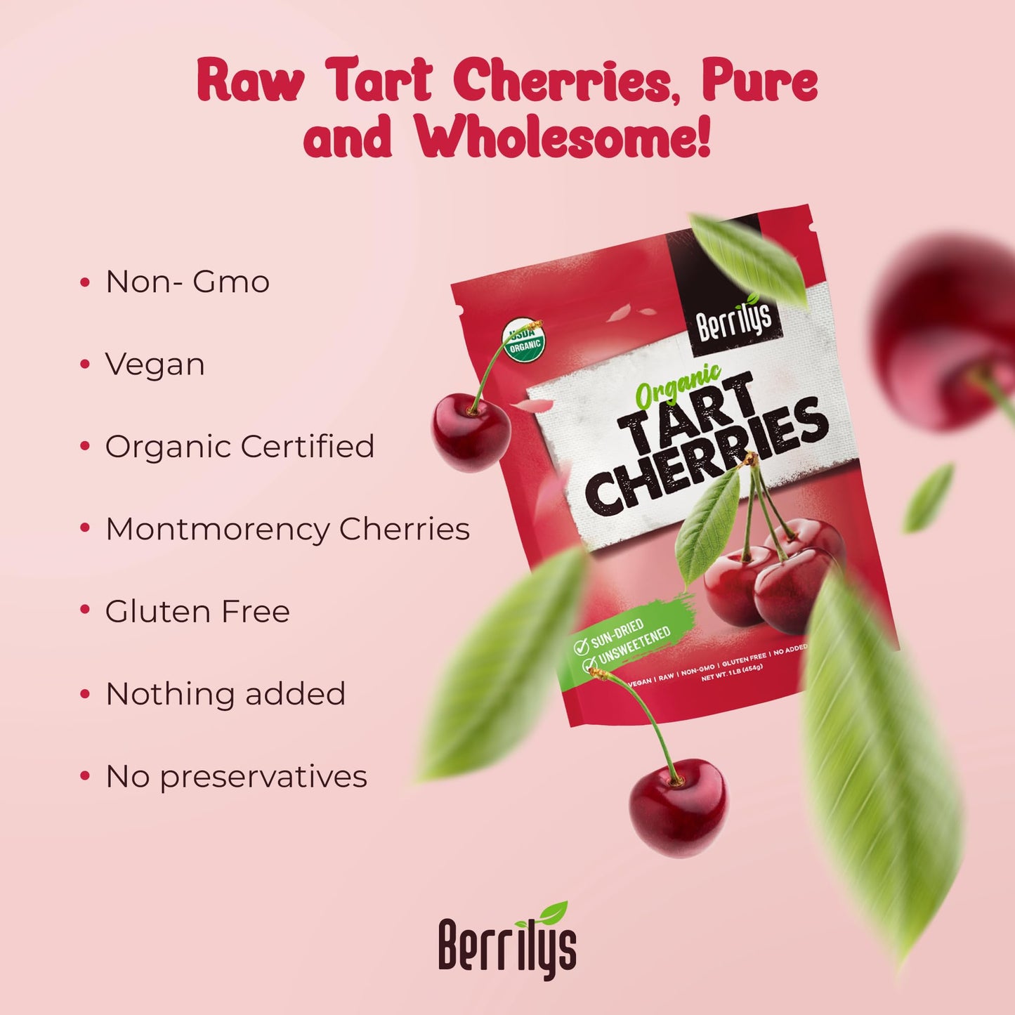 Berrilys Organic Dried Tart Cherries – Sun-Dried - Natural Flavor - Pitted Cherries For Healthy Snacking - Packed With Nutrients - Ideal For Smoothies, Baked Goods, Or   - Resealable Bag - 10 Oz