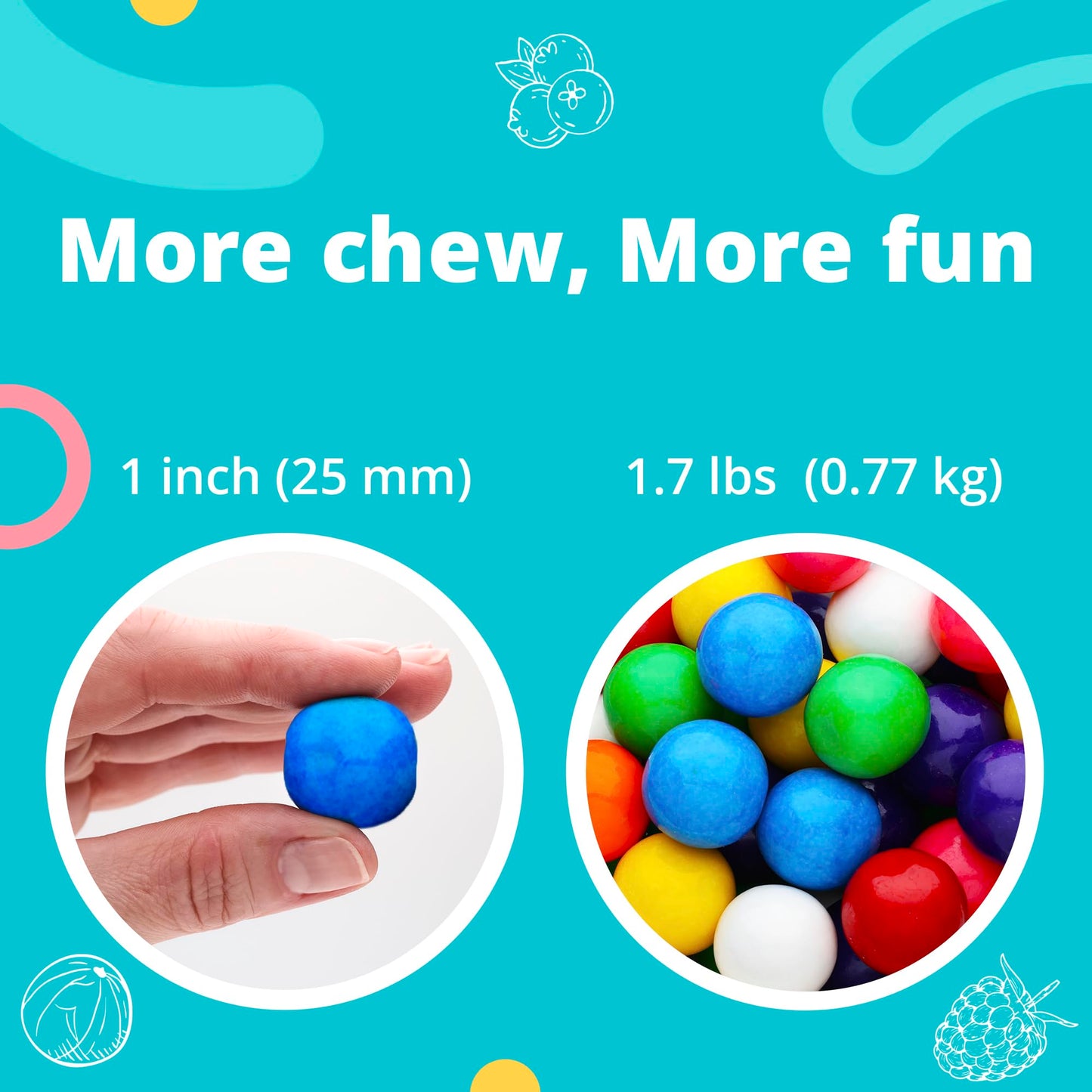 Gumballs For Gumball Machine - 1 Inch Large Double Bubble Gumballs - Assorted Fruit Flavored Bubble Gum For Kids - Sweet Gum Balls In Bulk 1.7 Lb - Chewing Gum For Kids