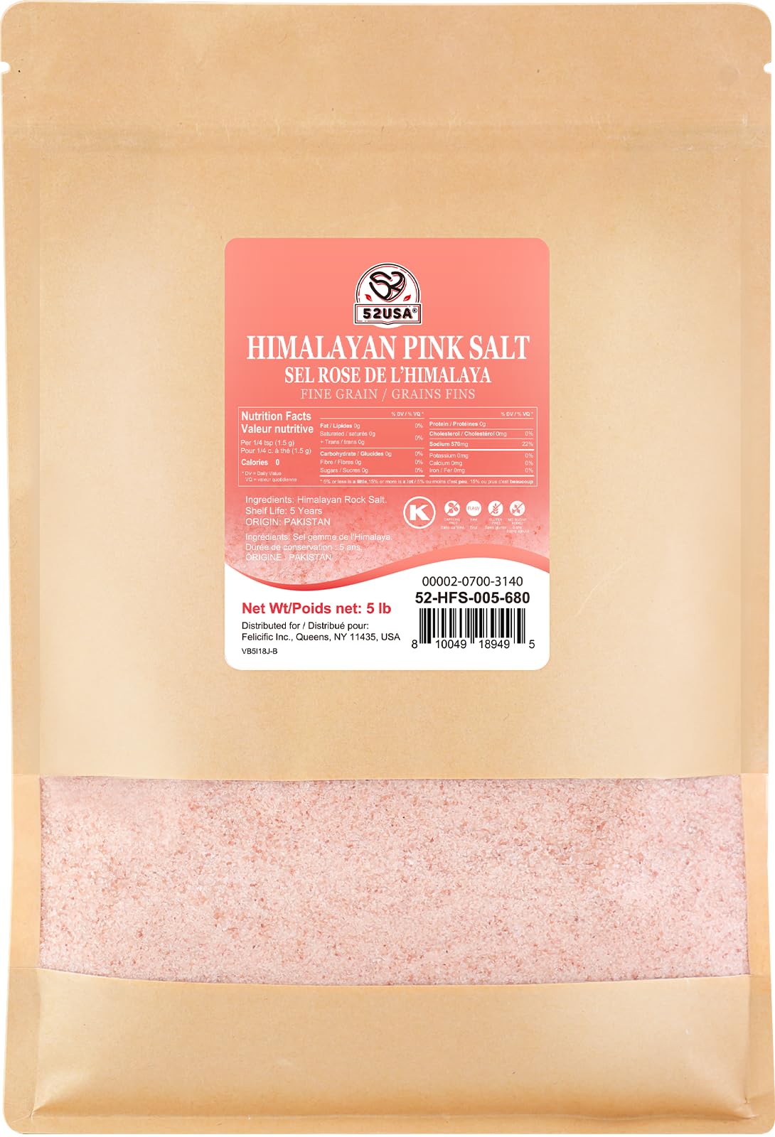 52USA Himalayan Pink Salt  Fine Grain  80 oz (5 Pound)  Pink Himalayan Sea Salt Fine  Kosher Salt  Rock Salt