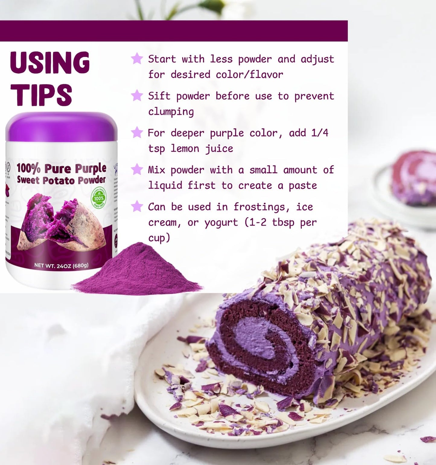 24Oz Purple Sweet Potato Powder - Deep Purple 100% Natural Ube Powder Food Coloring, No Gluten, No Fillers, Ube Extract For Baki