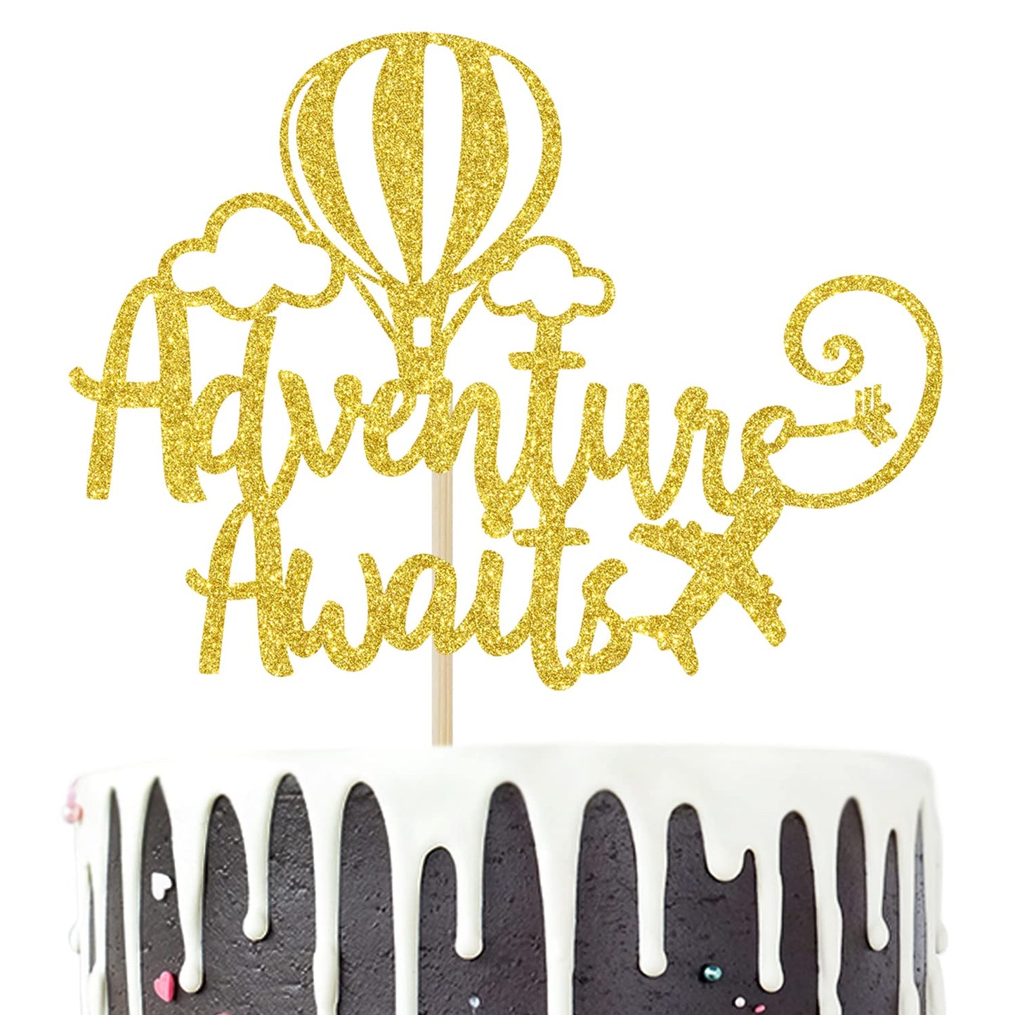 Hotmoon Adventure Awaits Cake Topper, Gold Glitter, Graduation/Retirement/Baby Shower Party Decorations, Model HM-0324
