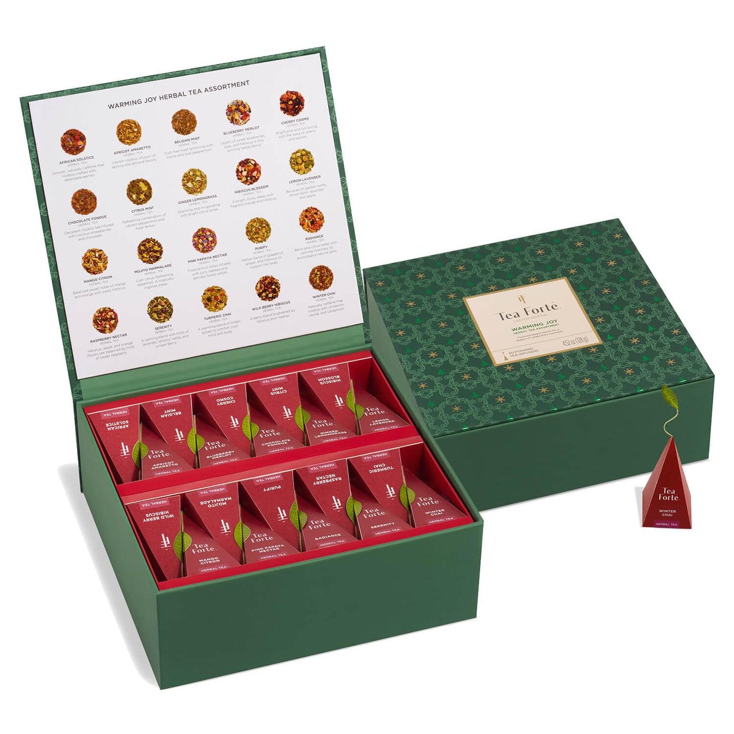 Tea Forte Warming Joy Holiday Herbal Enhanced Tea Chest Gift Sampler, 40 Count, 2 Of Each Variety Blend Individually Wrapped Handcrafted Pyramid Infuser Bags