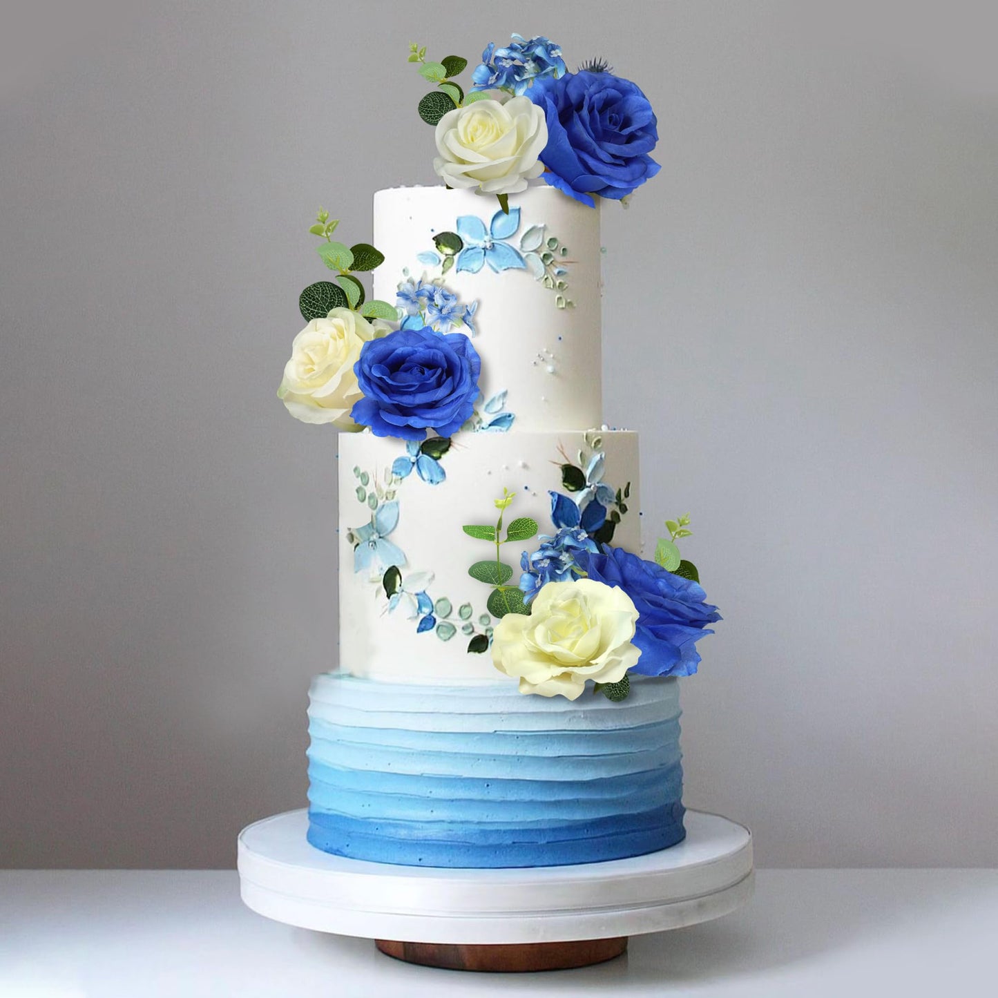 DRWATE Flower Cake Toppers - Artificial Blue Rose & Eucalyptus Decor for Birthdays, Weddings, Baby Showers - Boho Party Supplies