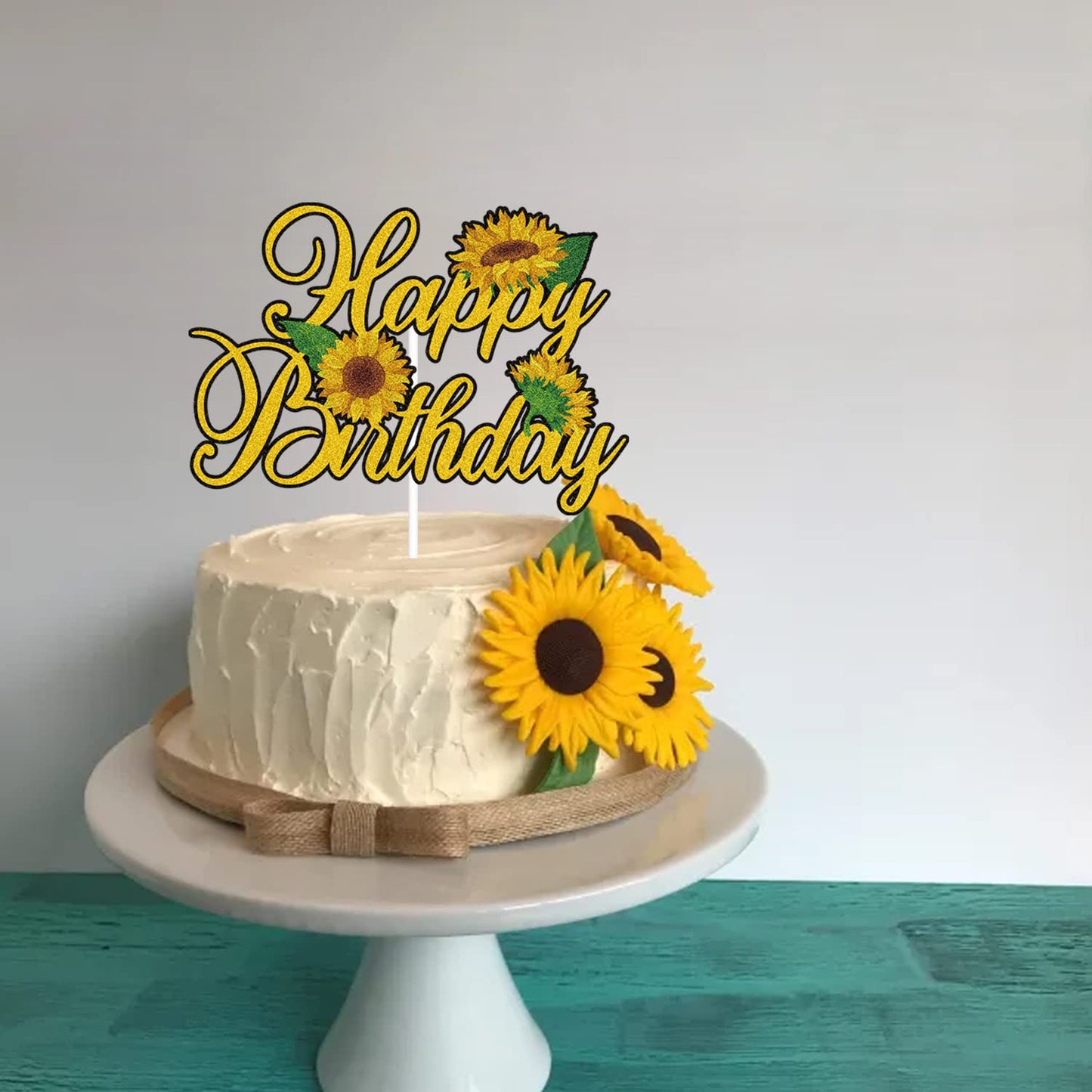 Sunflower Happy Birthday Cake Topper Gold Glitter Summer Theme Kids Boy Girl Birthday Party Supplies Decor