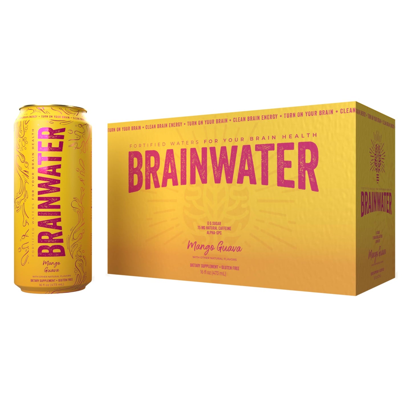 Brainwater  Water For Clean Energy And Focus Support  Gluten Free  Zero Sugar Healthy Energy Drinks With Alpha Gpc  Vitamin C & B  Organic Green Tea Energy Blend  Mango Guava  8 Pack