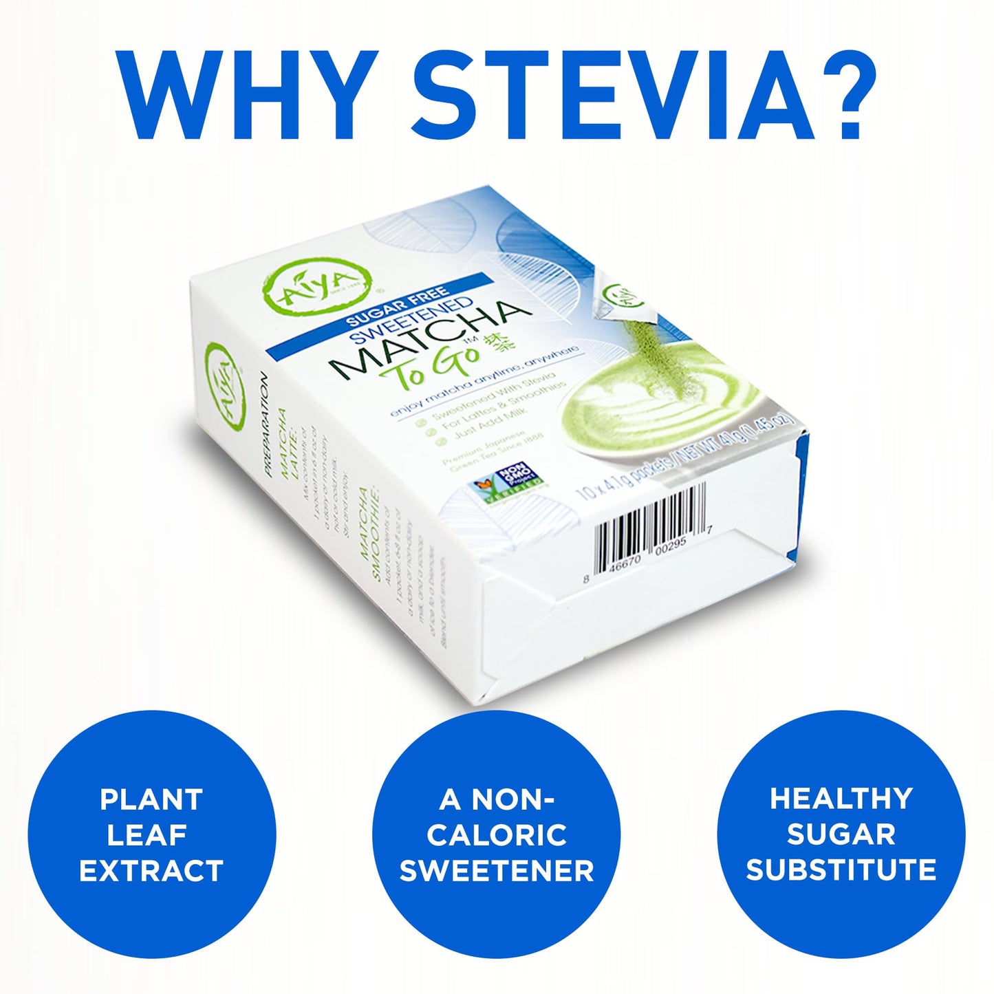 Aiya Sugar-Free Sweetened Matcha To Go Sticks - Stevia Sweetened Packets, Premium Japanese Matcha Powder, Gluten-Free - 10 Singl