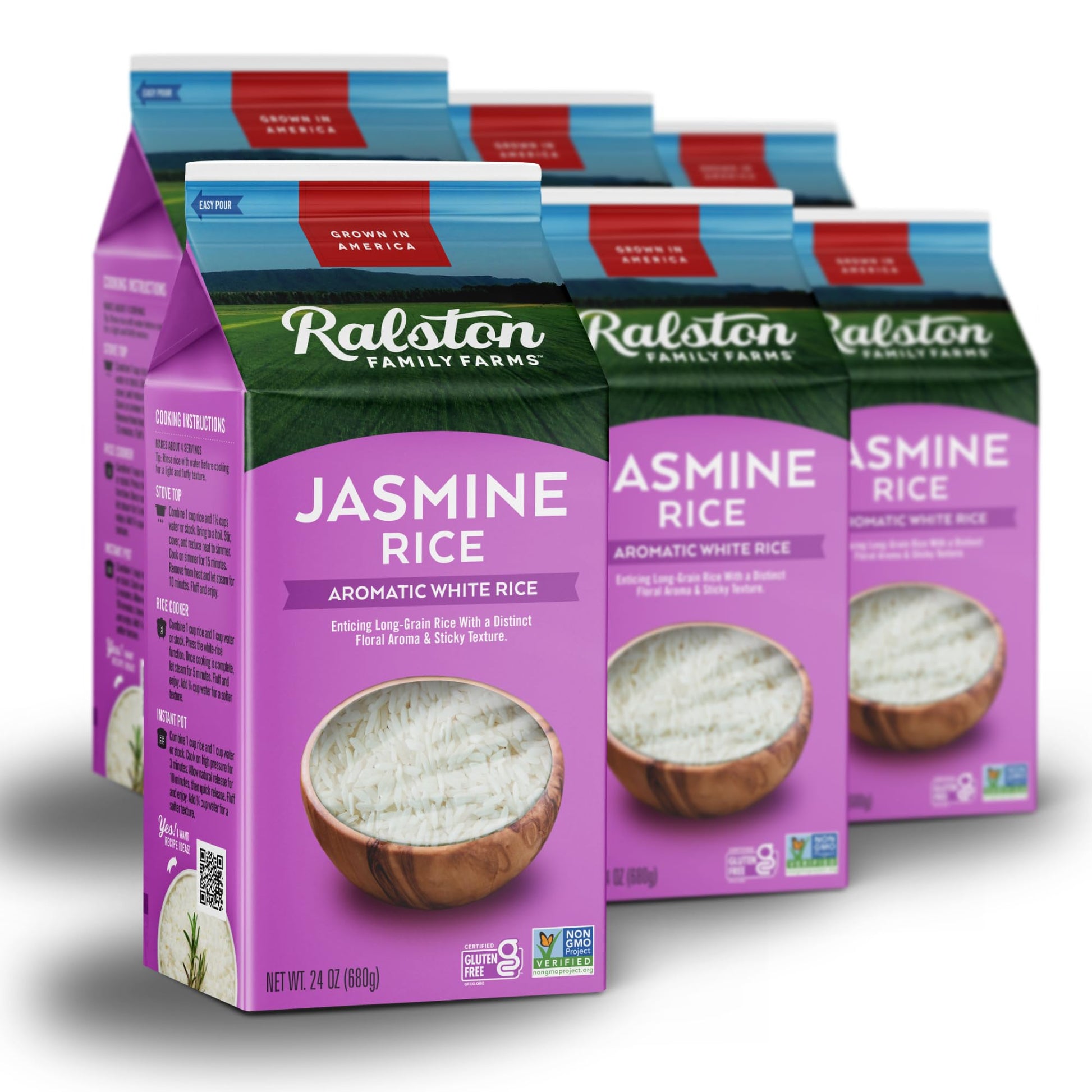 Ralston Family Farms Jasmine White Rice, 24 oz Carton: 6 Pack, American Grown, Non-GMO, Naturally Gluten Free