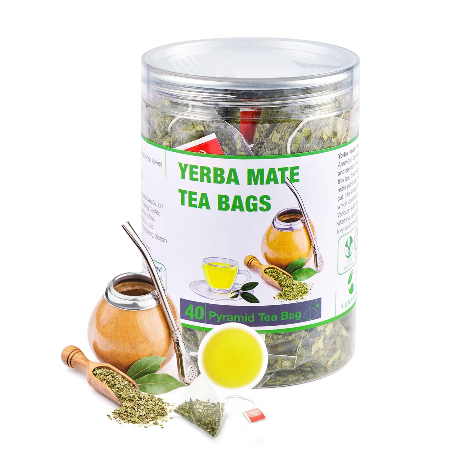 YUNHAHA Yerba Mate Tea Bags, 40 Count, 3g Each, Unsweetened, Unsmoked, Rich in Antioxidants, from Argentina