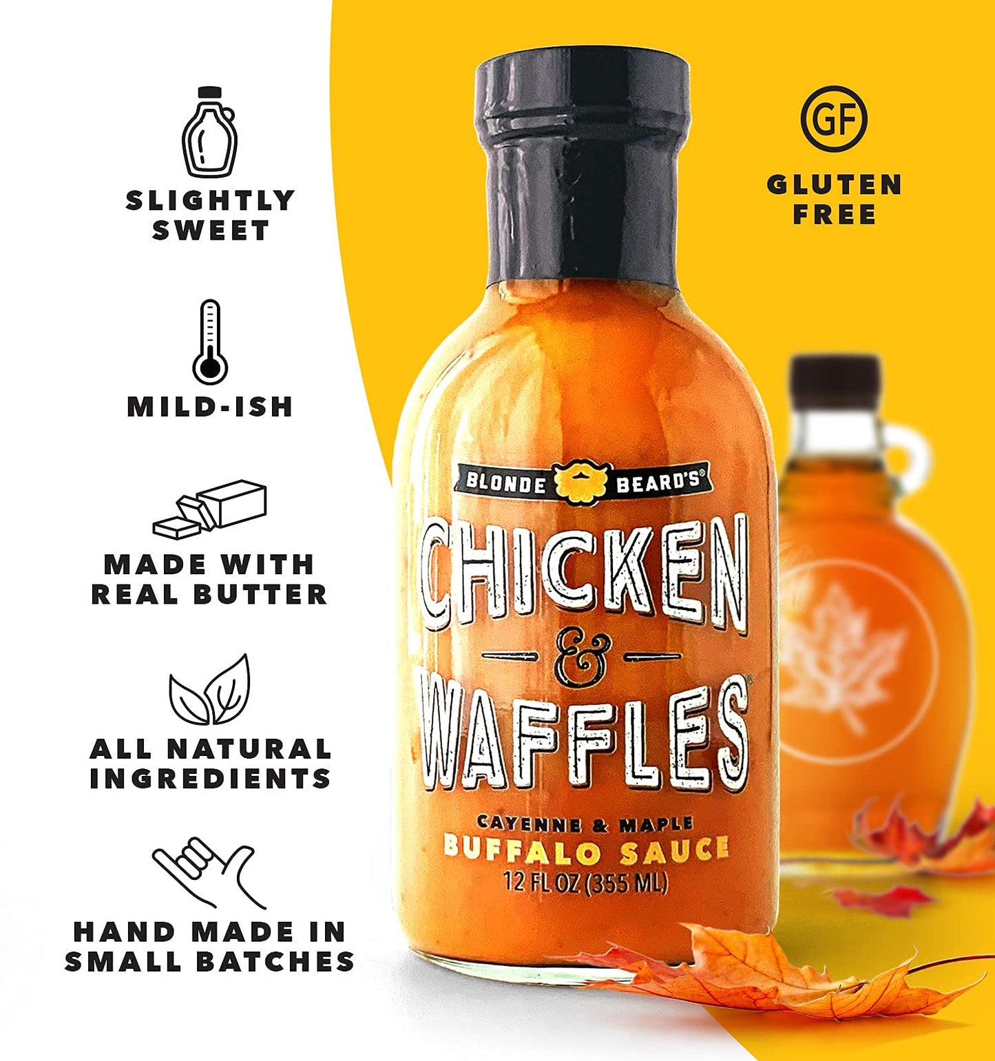 Blonde Beard'S Buffalo Sauce Chicken & Waffles (Mild/Medium) Spicy & Sweet - Great On Chicken Wings - Maple, Cayenne, Garlic, Bu