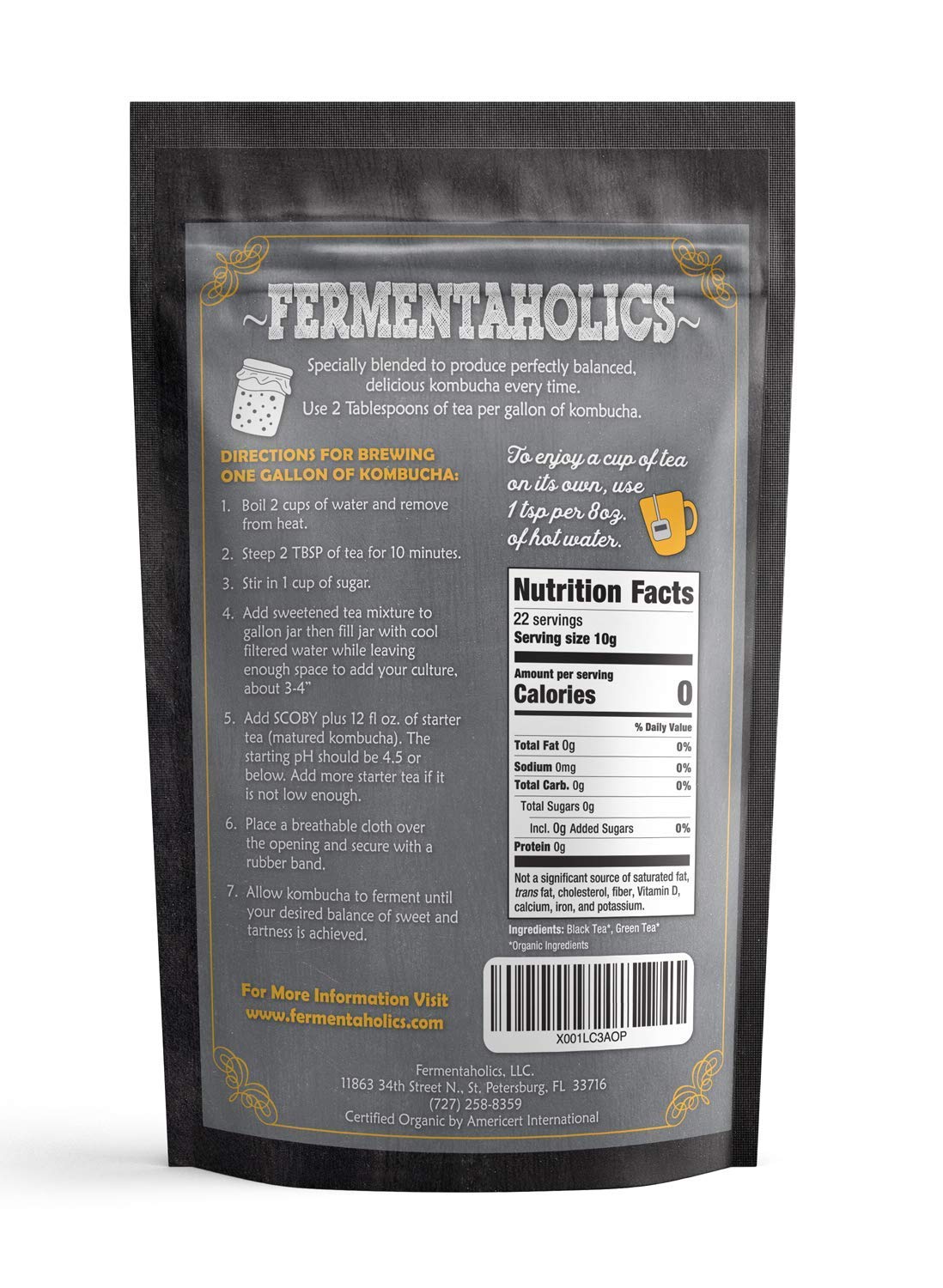 Fermentaholics Organic Kombucha Tea Blend, 8 oz, Makes 22 Gallons, Loose Leaf, Kosher Certified, Black and Green Tea