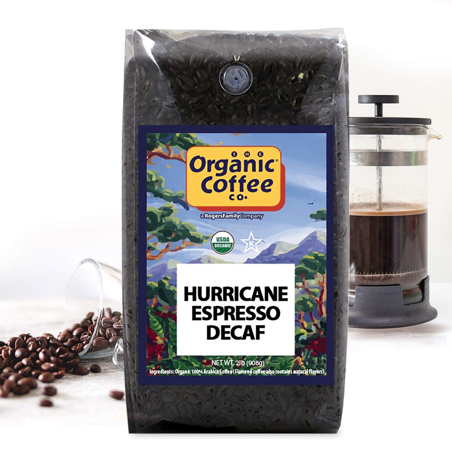 The Organic Coffee Co. Whole Bean Coffee - Decaf Hurricane Espresso Roast (2Lb Bag), Medium Dark Roast, Swiss Water Processed, U