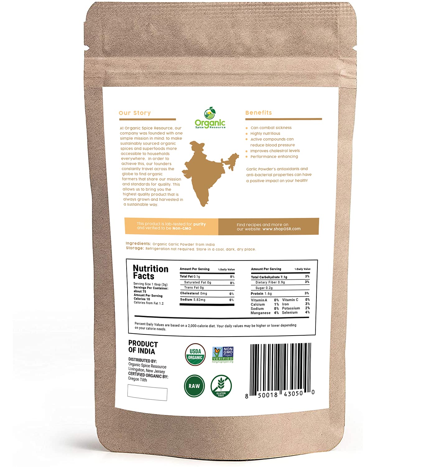 Organic Garlic Powder | 8 oz (226g) | USDA Organics and Non-GMO Verified Project Approved | Product of India | 100% Raw and Natural | Resealable Kraft Bag by SHOPOSR