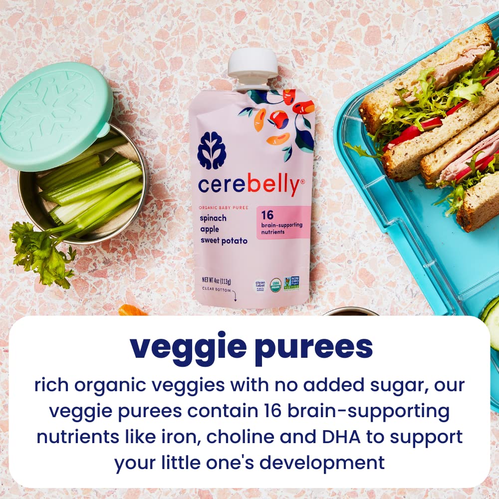 Cerebelly Organic Baby Food Pouches, Spinach Apple Sweet Potato Purees, 16 Nutrients, No Added Sugar, Fiber & Non-Gmo, 4Oz, 12 Pack