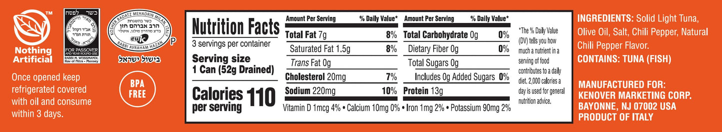 Tuscanini Italian Solid Light Yellowfin Tuna In Olive Oil With Calabrian Chili Peppers, 2.82Oz (6 Pack) No Msg | Natural Flavors