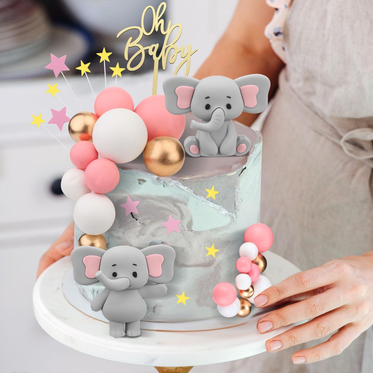 Yinder Bear Cake Toppers Mini Bear Cake Decorations Cake Toppers Gold White Pearl Ball For Birthday Party Decorations(Gray, Pink